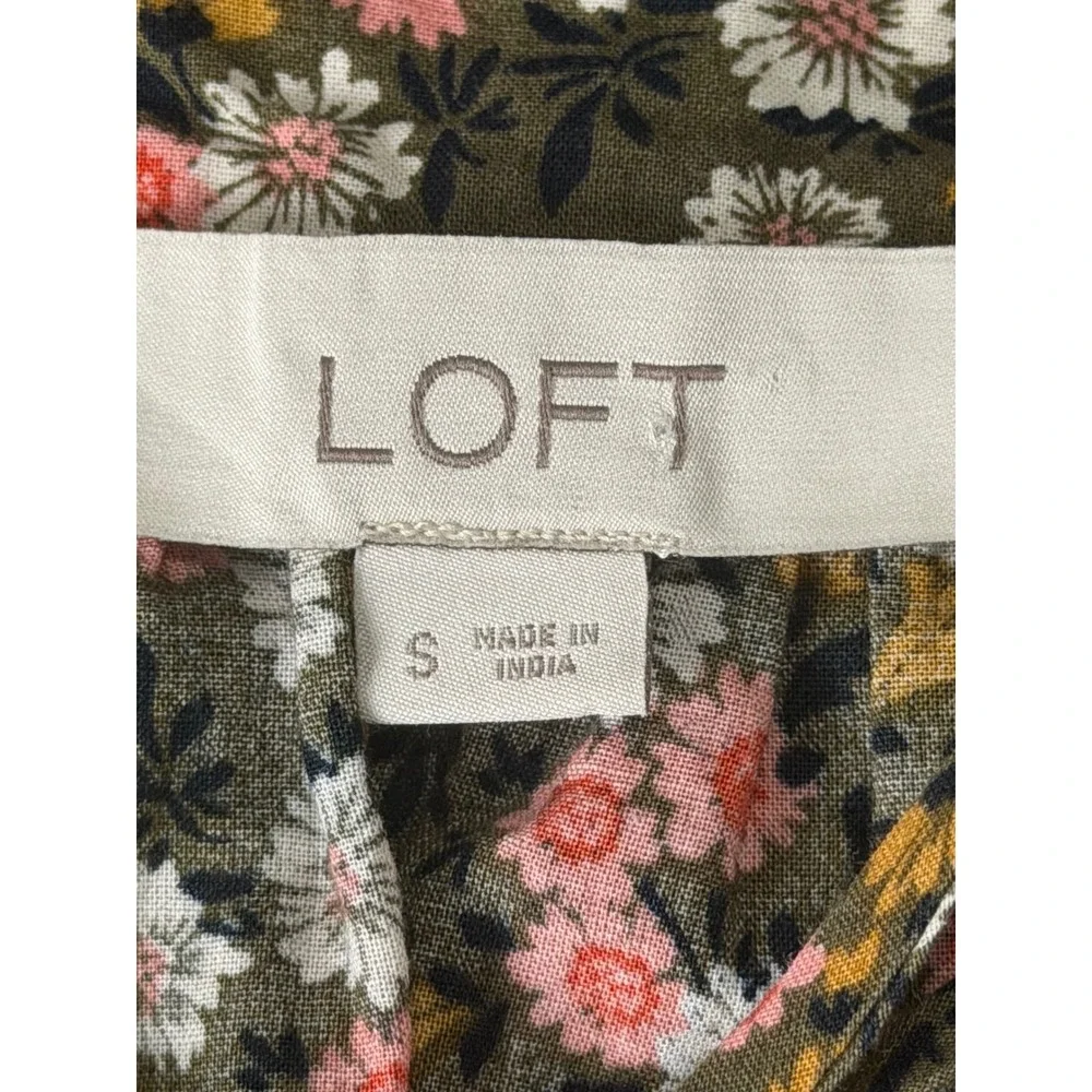 LOFT Womens Floral Tie Neck Puff Sleeve Blouse Olive Green Pink Small